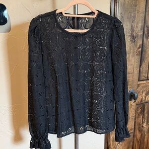 Women's Black Lace Long-Sleeve Peasant Blouse